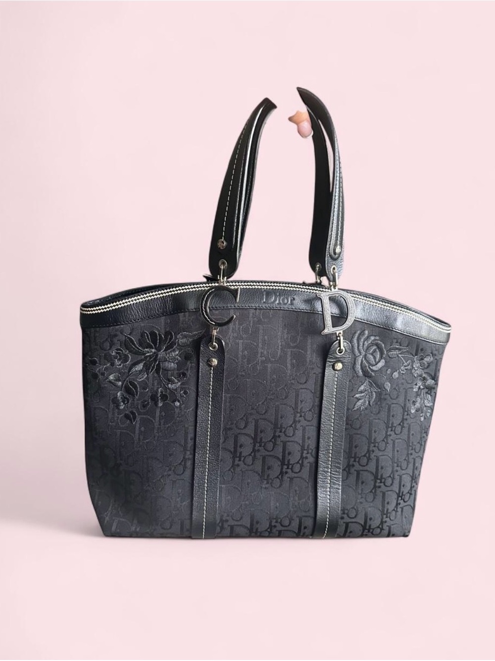 Dior Black Monogram Tote with Embroidered Floral Accents